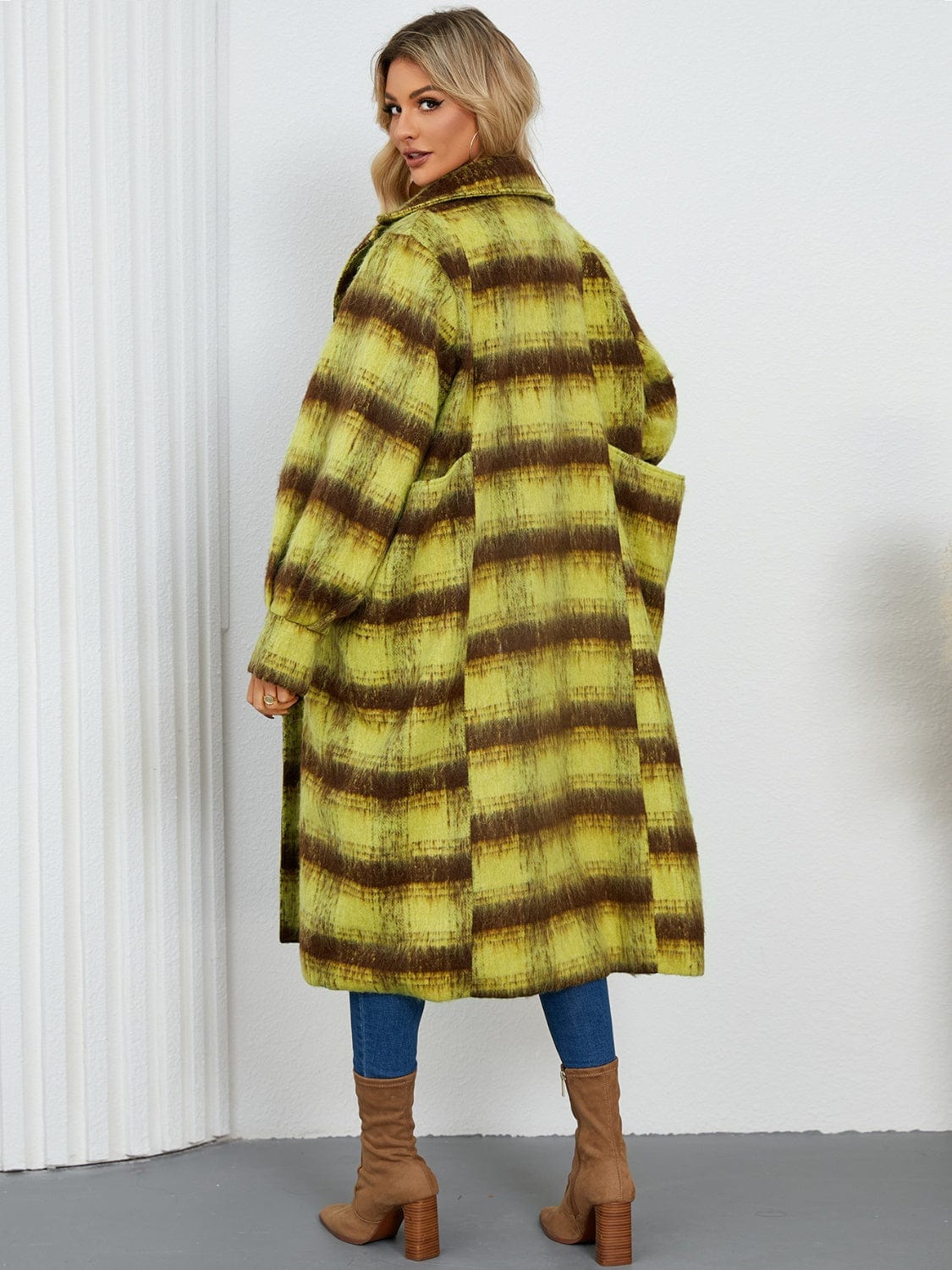 Contrast Double-Breasted Long Sleeve Longline Coat - Trendsi