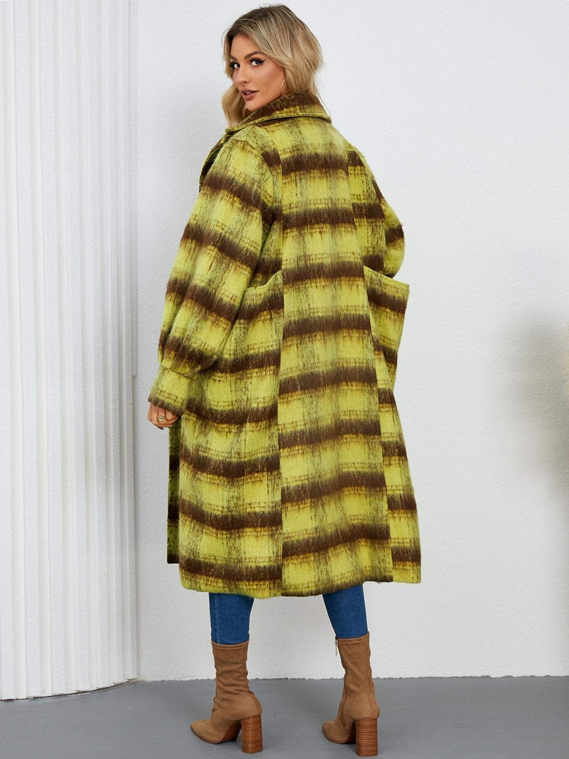 Contrast Double-Breasted Long Sleeve Longline Coat - Trendsi - Flyclothing LLC