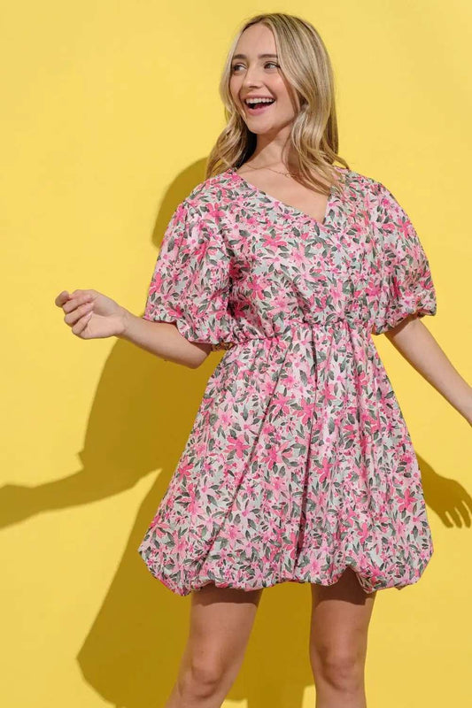 And The Why Full Size Floral Surplice Puff Sleeve Dress - Trendsi - Flyclothing LLC