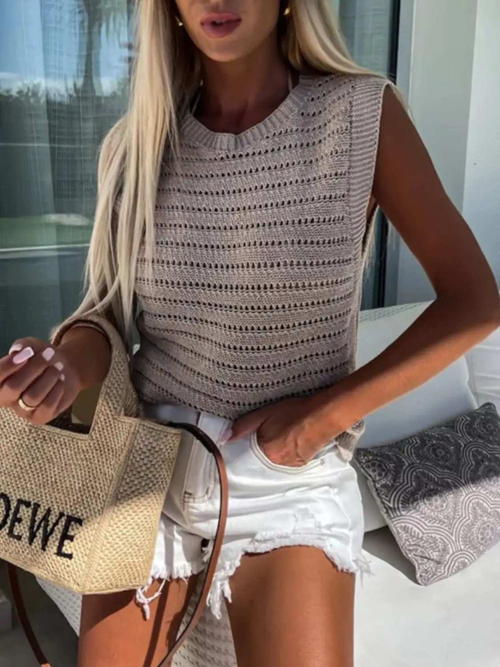 Openwork Round Neck Sweater Vest - Trendsi - Flyclothing LLC