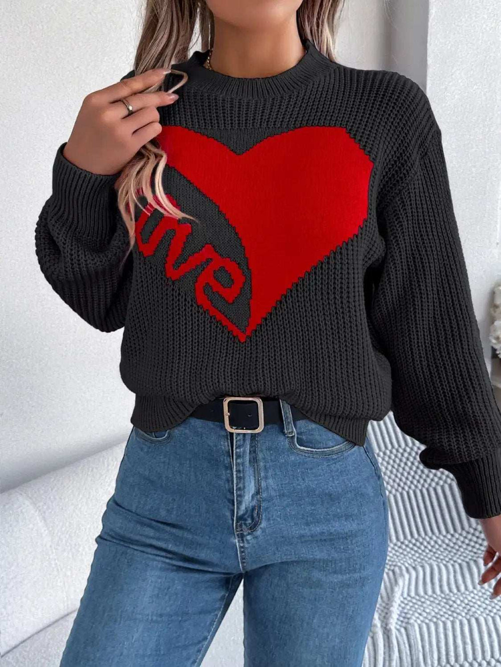 LOVE Heart Round Neck Dropped Shoulder Sweater - Trendsi - Flyclothing LLC