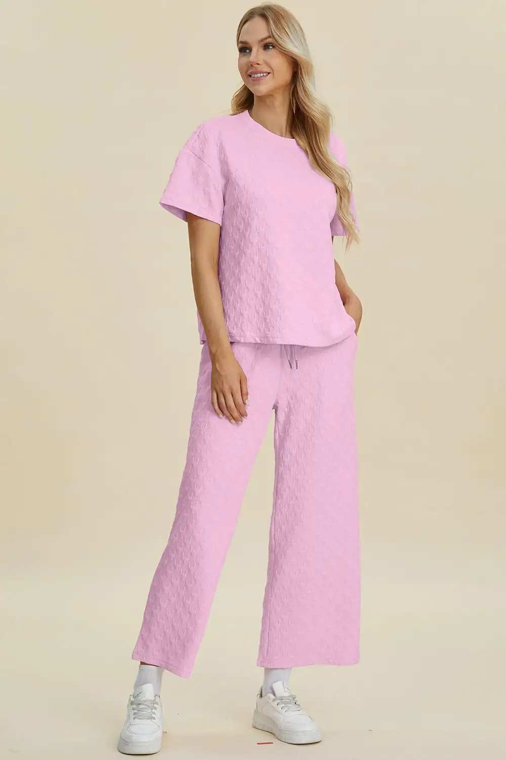 Double Take Full Size Texture Round Neck Short Sleeve Top and Pants Set - Trendsi - Flyclothing LLC