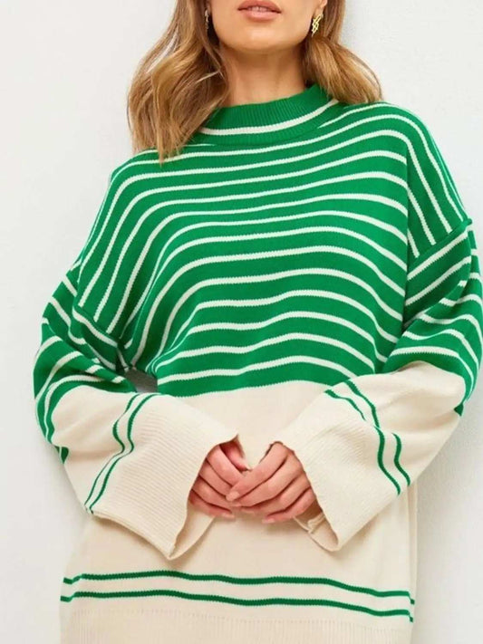 Striped Mock Neck Long Sleeve Sweater - Trendsi - Flyclothing LLC