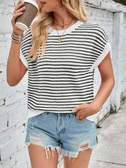 Lovelet Striped Round Neck Cap Sleeve Sweater - Trendsi