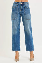 RISEN 4 Way Stretch Mid Rise Barrel Jeans with Patch Pocket Detail - Trendsi - Flyclothing LLC