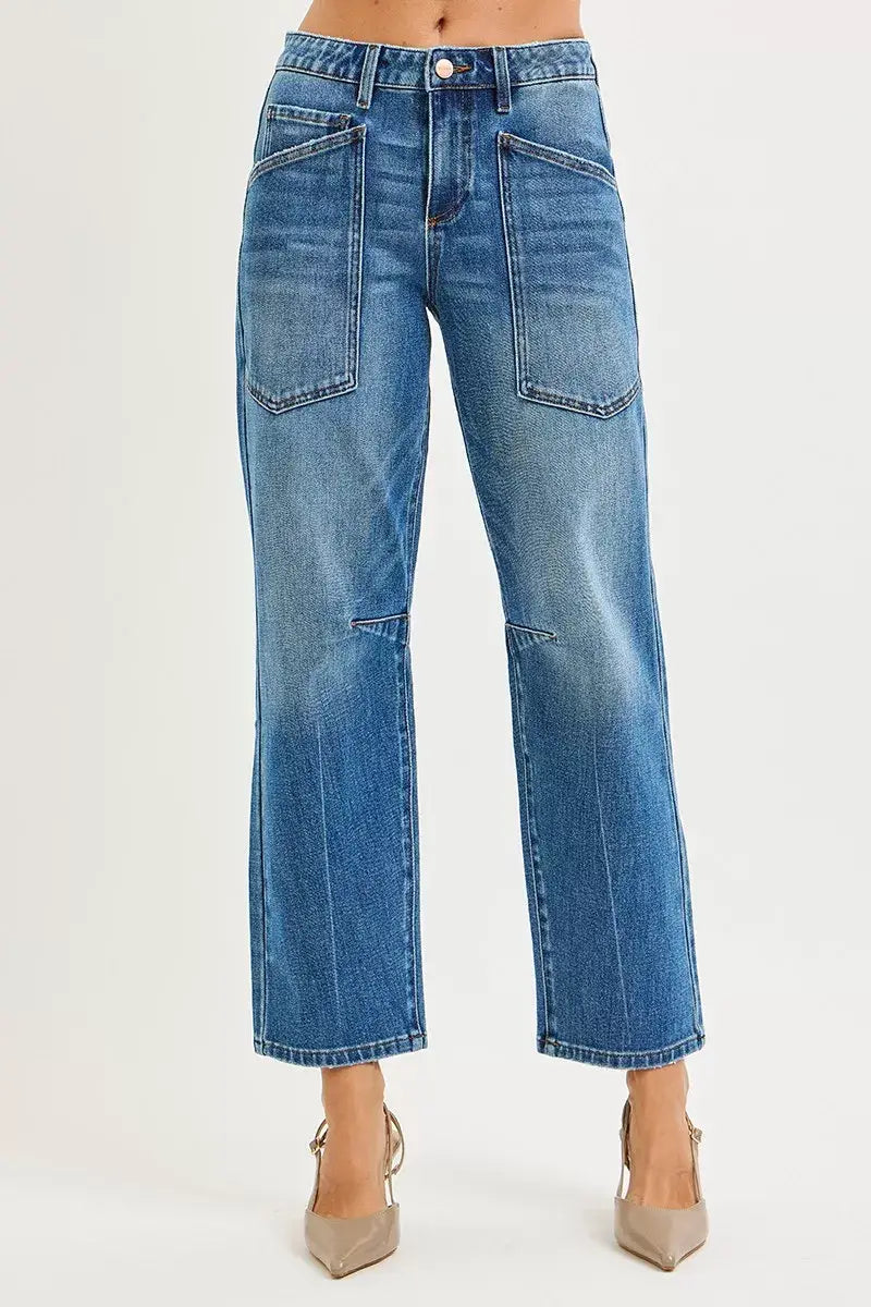 RISEN 4 Way Stretch Mid Rise Barrel Jeans with Patch Pocket Detail - Trendsi - Flyclothing LLC