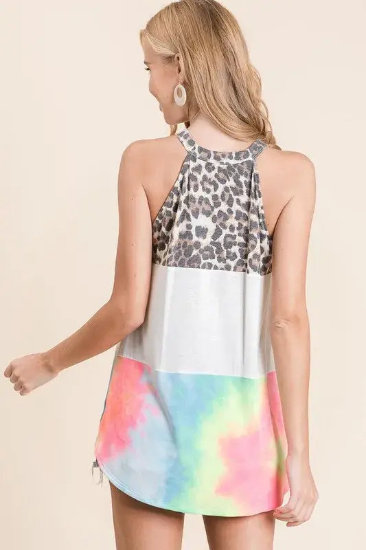 BiBi Leopard and Tie Dye Block Halter Neck Top - Trendsi - Flyclothing LLC