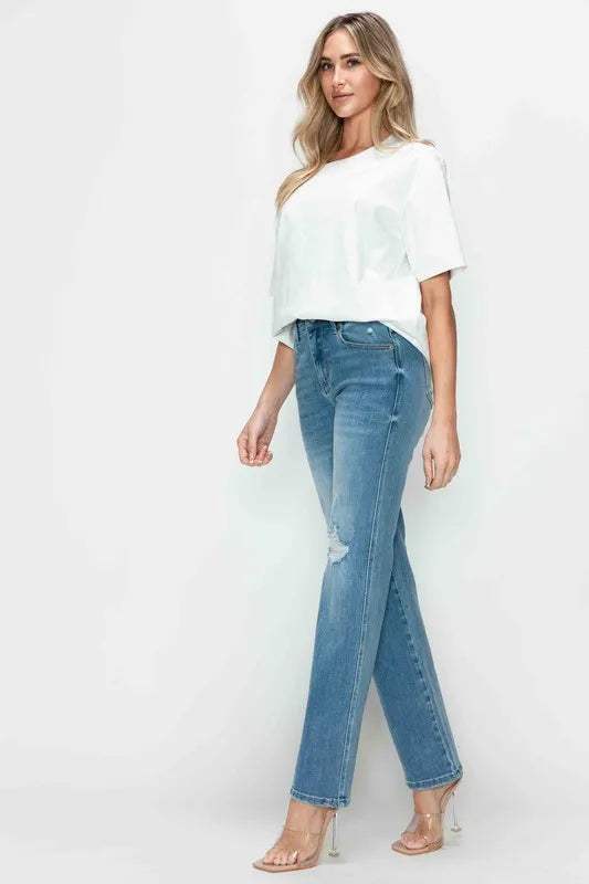 bytos Full Size Distressed High Rise Straight Jeans - Trendsi - Flyclothing LLC