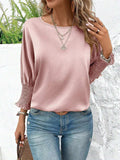 Smocked Round Neck Three-Quarter Sleeve Blouse - Trendsi - Flyclothing LLC