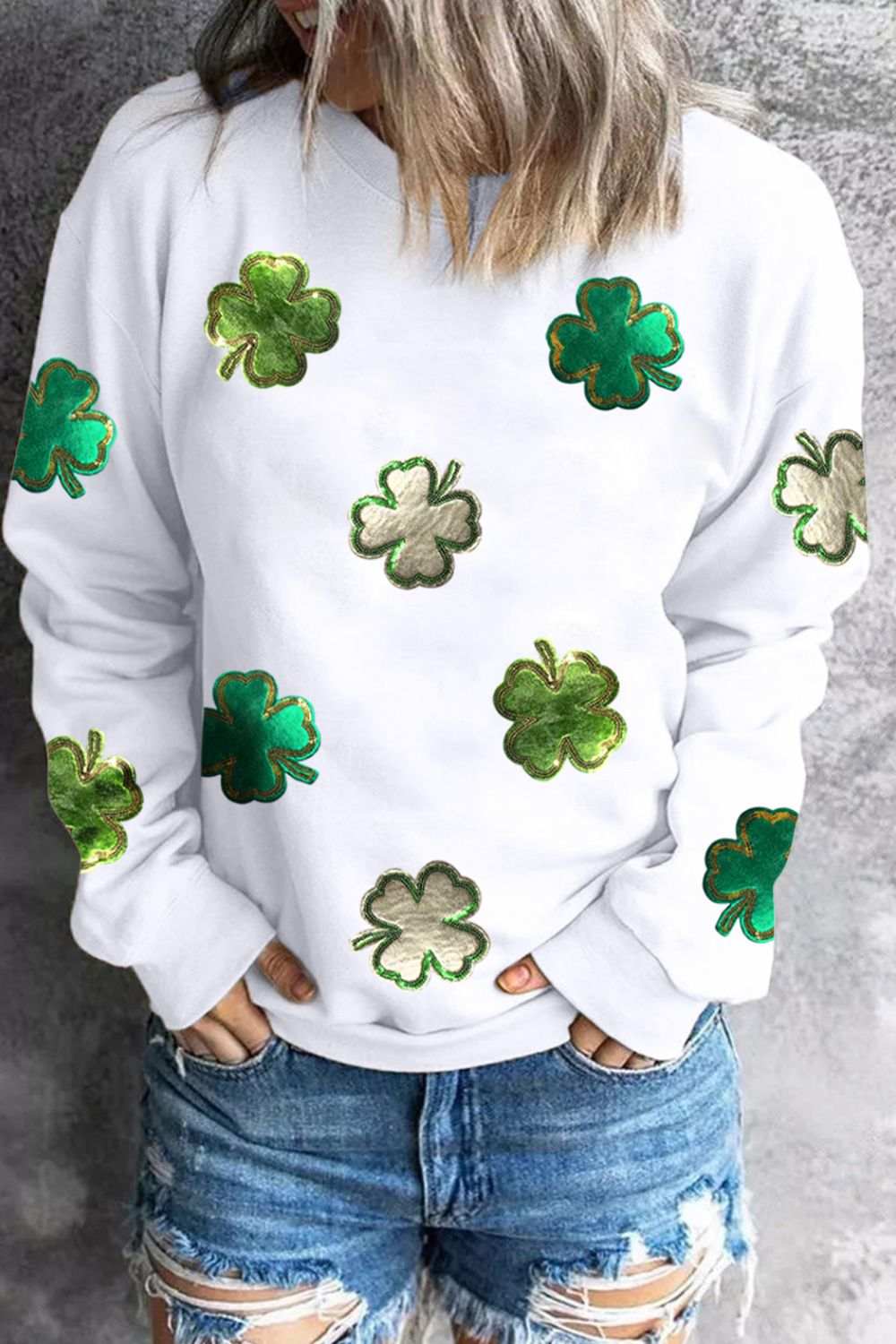 Lucky Clover Round Neck Long Sleeve Sweatshirt - Trendsi - Flyclothing LLC