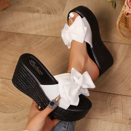 Bow Open Toe Platform Wedge Sandals - Trendsi - Flyclothing LLC