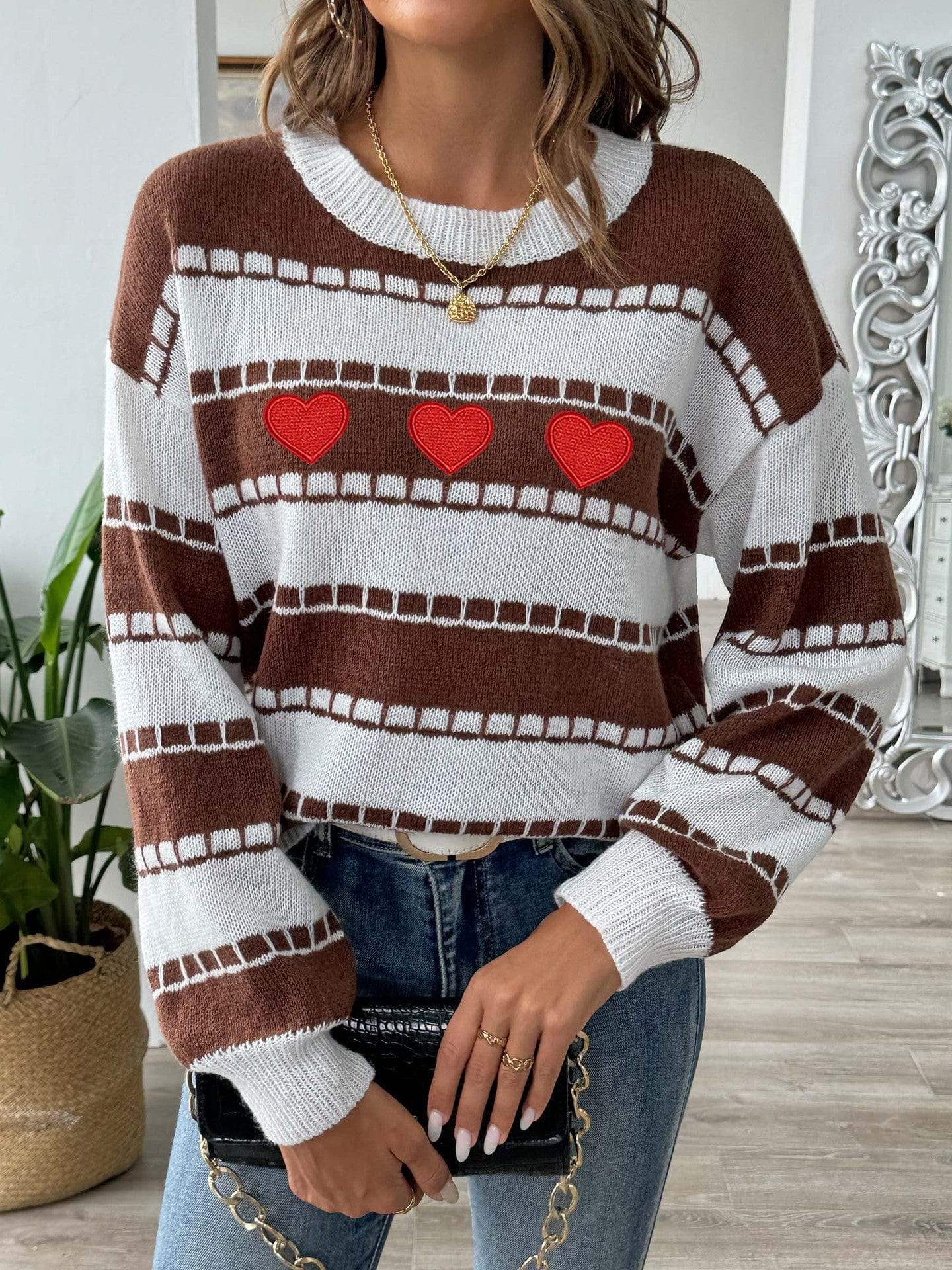 Heart Round Neck Long Sleeve Sweater - Trendsi - Flyclothing LLC