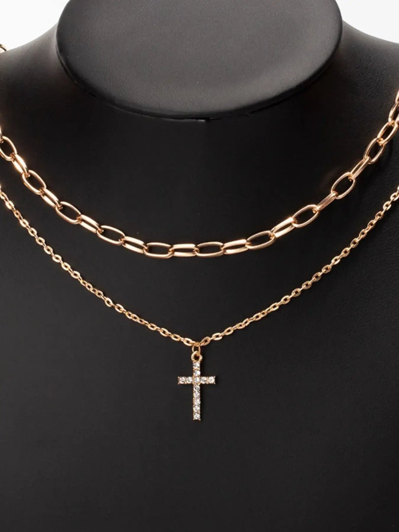 Double Layered Inlaid Zircon Cross Pendant Necklace - Trendsi - Flyclothing LLC