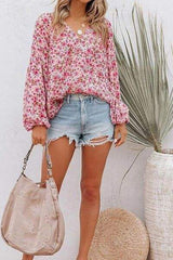 Printed Notched Long Sleeve Blouse - Trendsi - Flyclothing LLC