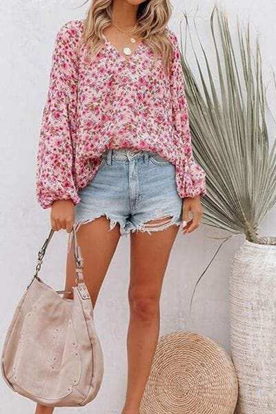 Printed Notched Long Sleeve Blouse - Trendsi - Flyclothing LLC