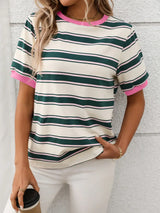 Contrast Striped Round Neck Short Sleeve T-Shirt - Trendsi - Flyclothing LLC