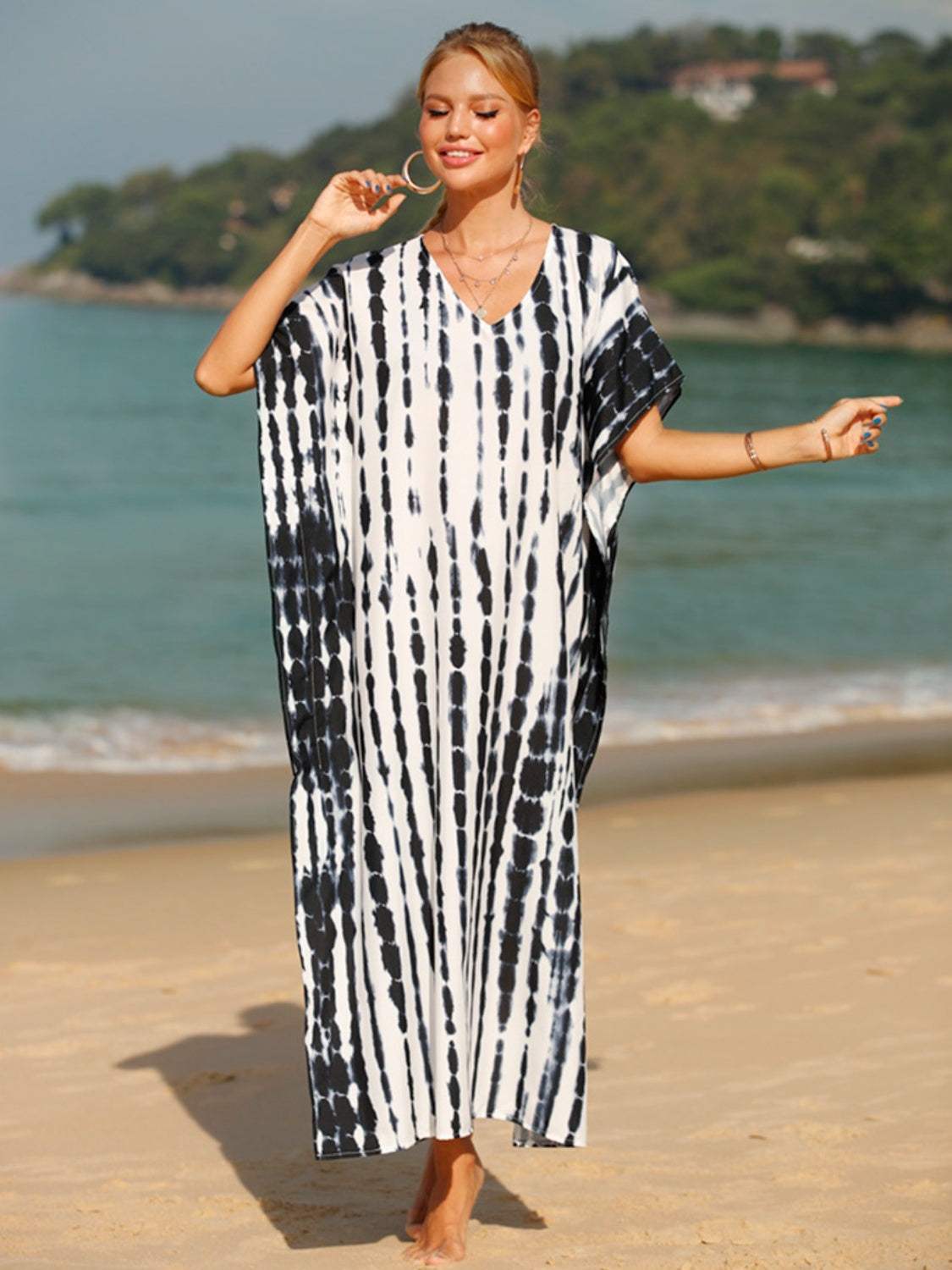 Tie-Dye V-Neck Half Sleeve Cover-Up - Trendsi - Flyclothing LLC