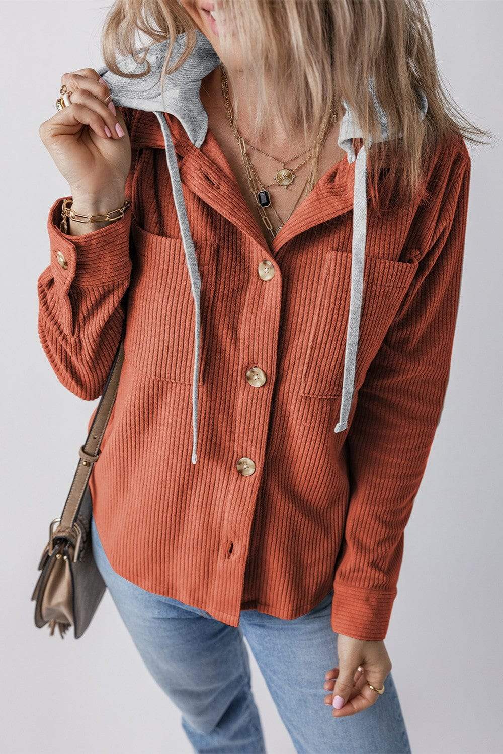 Drawstring Button Up Long Sleeve Hooded Jacket - Trendsi - Flyclothing LLC