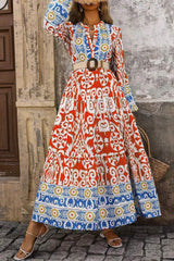 Printed Notched Long Sleeve Maxi Dress - Trendsi - Flyclothing LLC