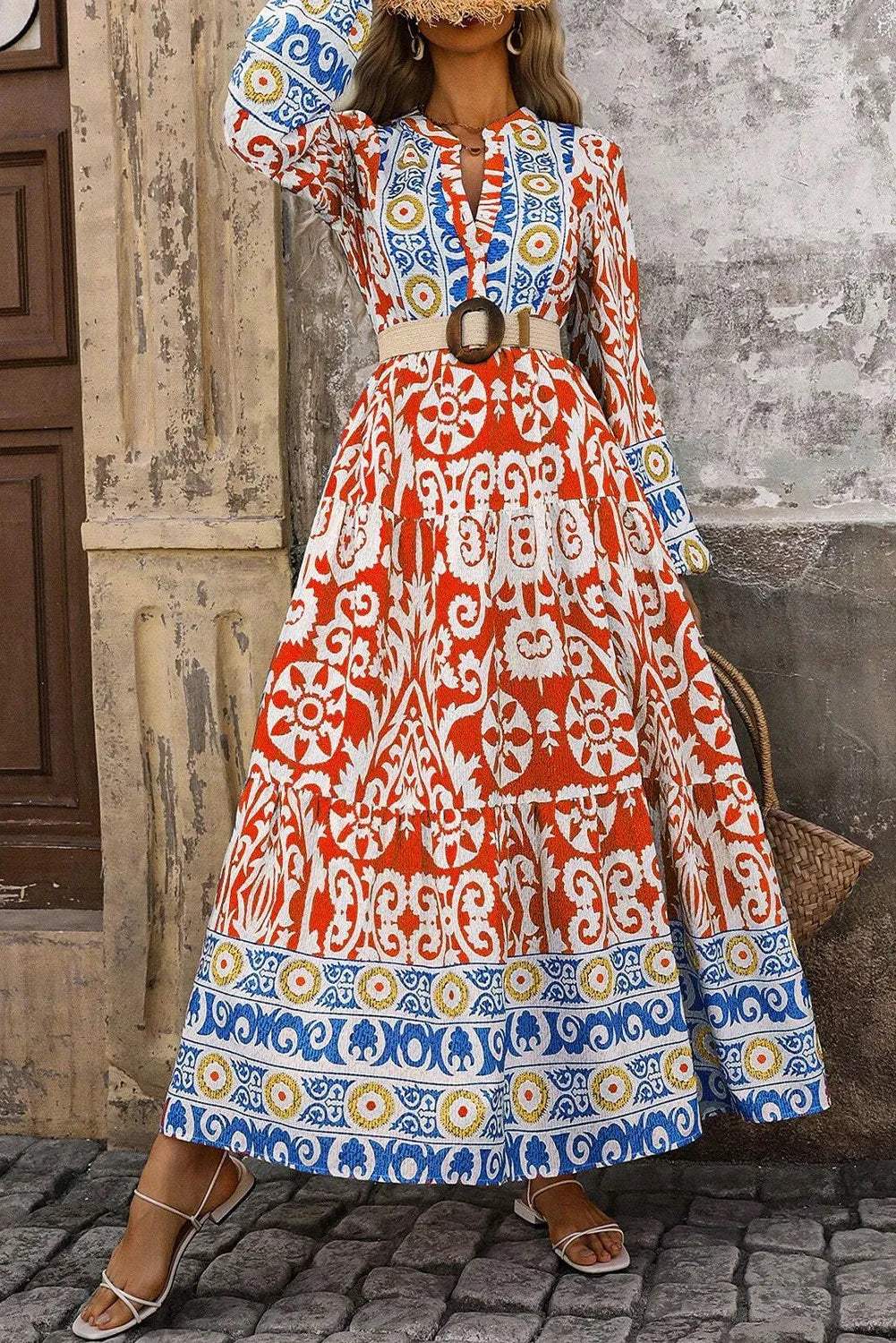 Printed Notched Long Sleeve Maxi Dress - Trendsi - Flyclothing LLC