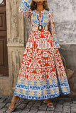 Printed Notched Long Sleeve Maxi Dress - Trendsi - Flyclothing LLC