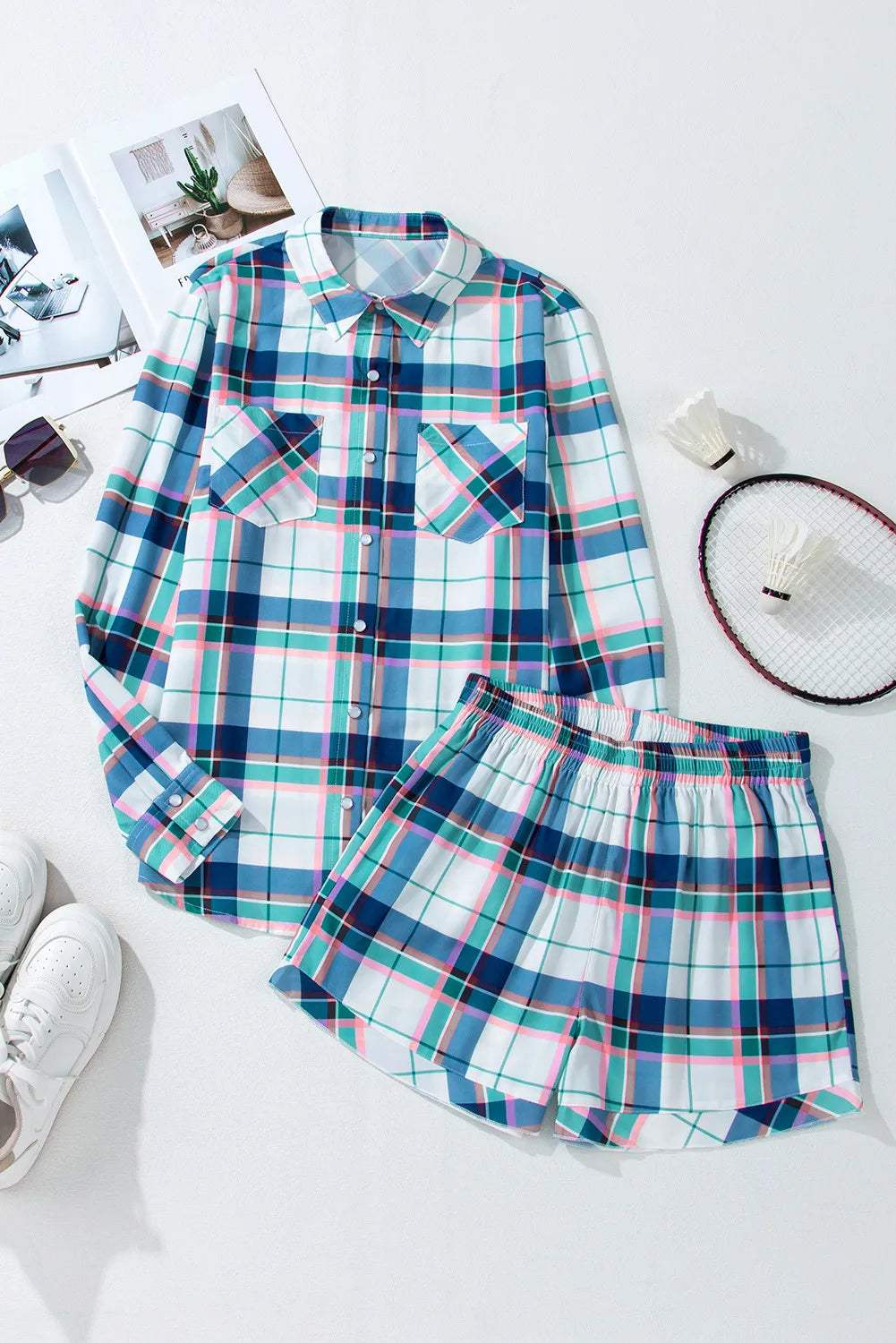 Plaid Snap Down Long Sleeve Top and Shorts Lounge Set - Trendsi - Flyclothing LLC
