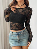 Round Neck Long Sleeve Lace Sheer Top - Trendsi