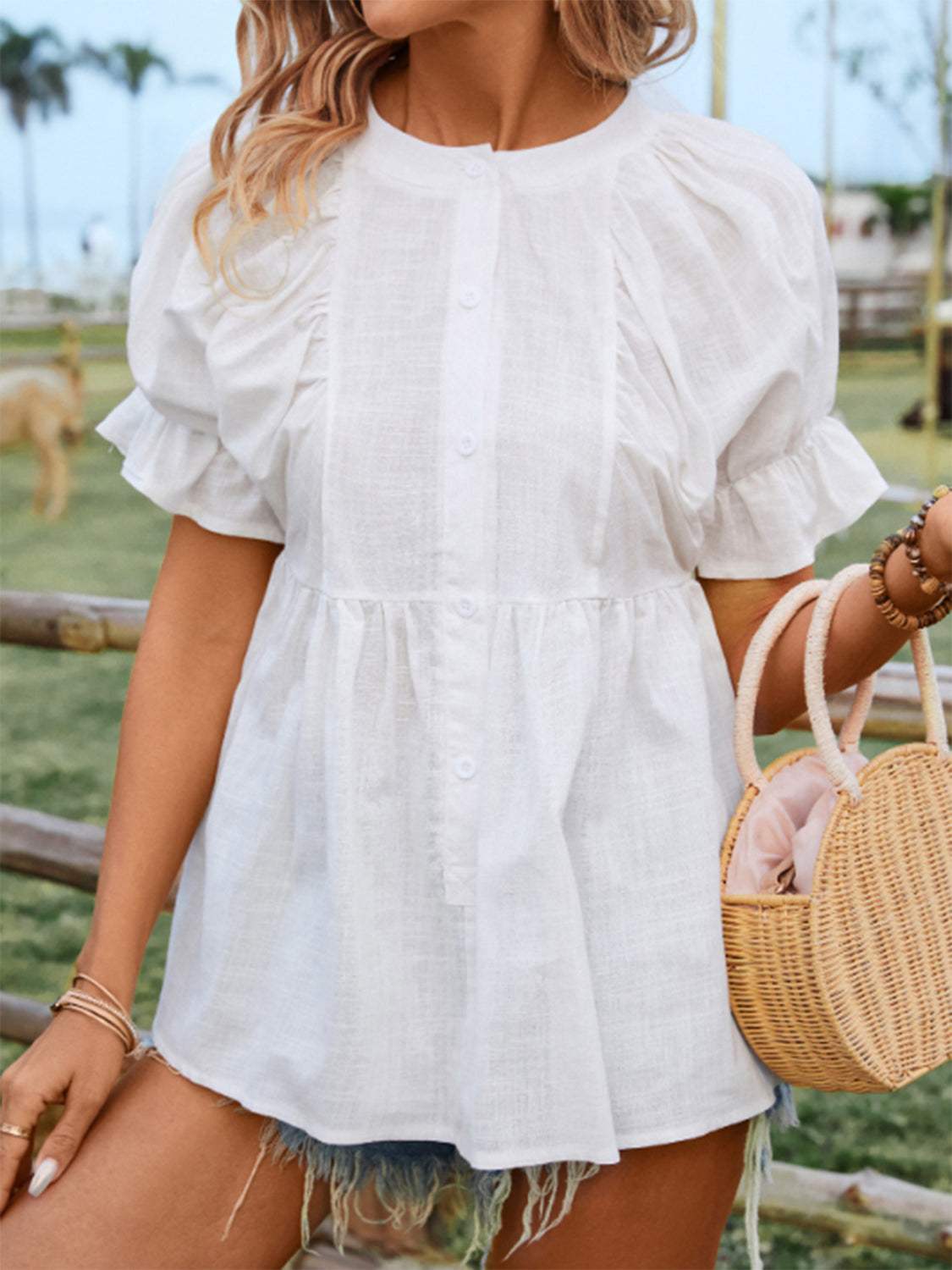 Peplum Round Neck Flounce Sleeve Blouse - Trendsi - Flyclothing LLC