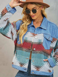 Geometric Button Up Dropped Shoulder Denim Jacket - Trendsi - Flyclothing LLC