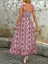 Smocked Slit Printed Tie Shoulder Dress - Trendsi - Flyclothing LLC