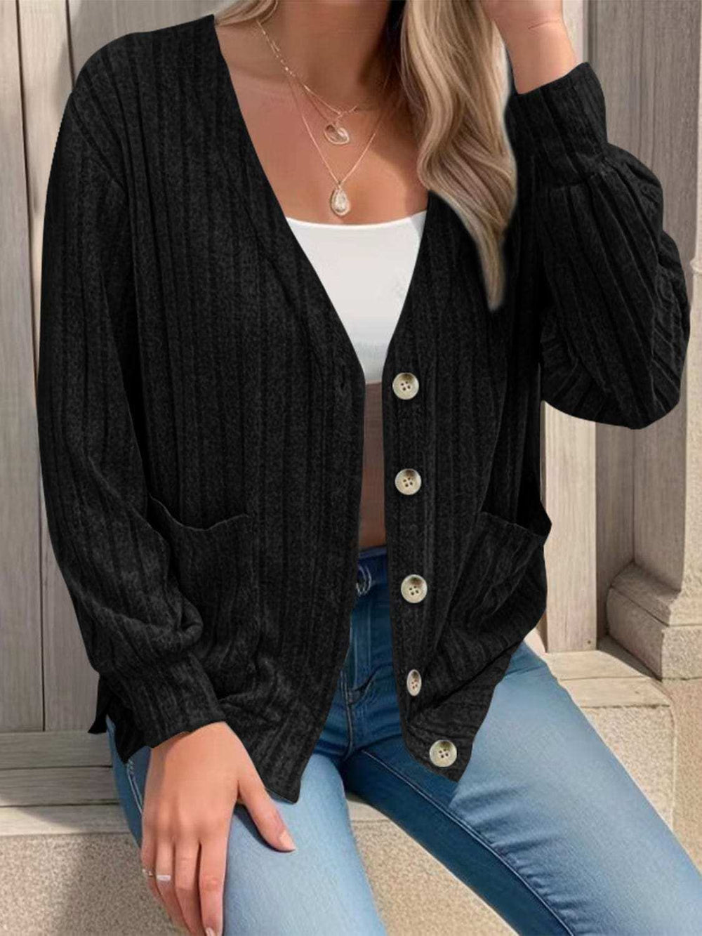 Full Size Button Up V-Neck Long Sleeve Cardigan - Trendsi - Flyclothing LLC