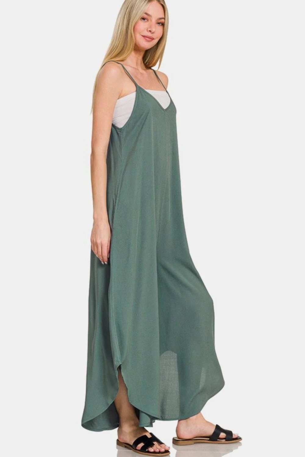 Zenana Sleeveless Curved Hem Wide Leg Overalls with Pockets - Trendsi - Flyclothing LLC