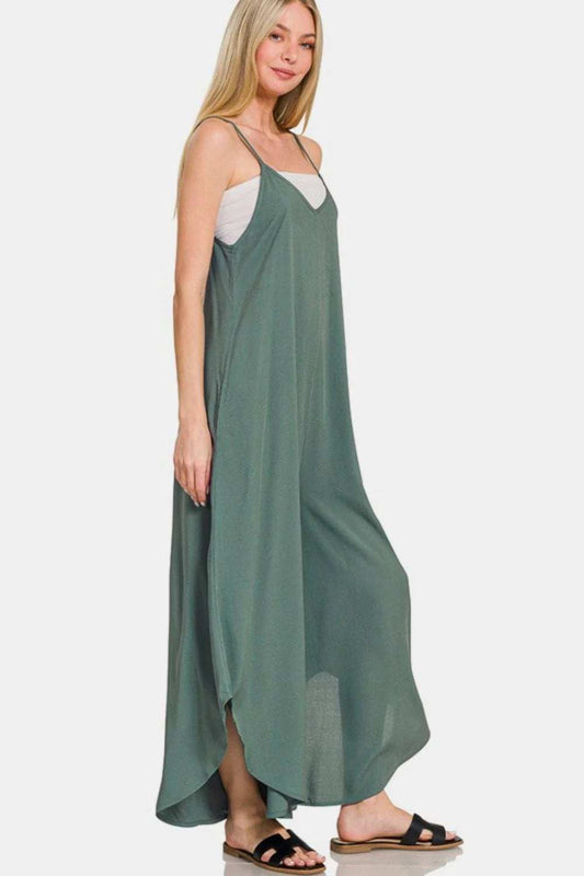 Zenana Sleeveless Curved Hem Wide Leg Overalls with Pockets - Trendsi - Flyclothing LLC
