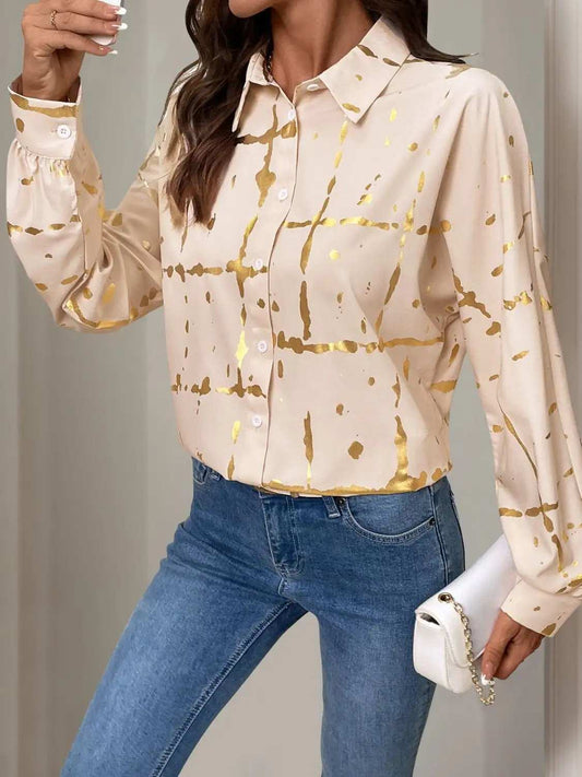 Perfee Printed Collared Neck Long Sleeve Shirt - Trendsi - Flyclothing LLC