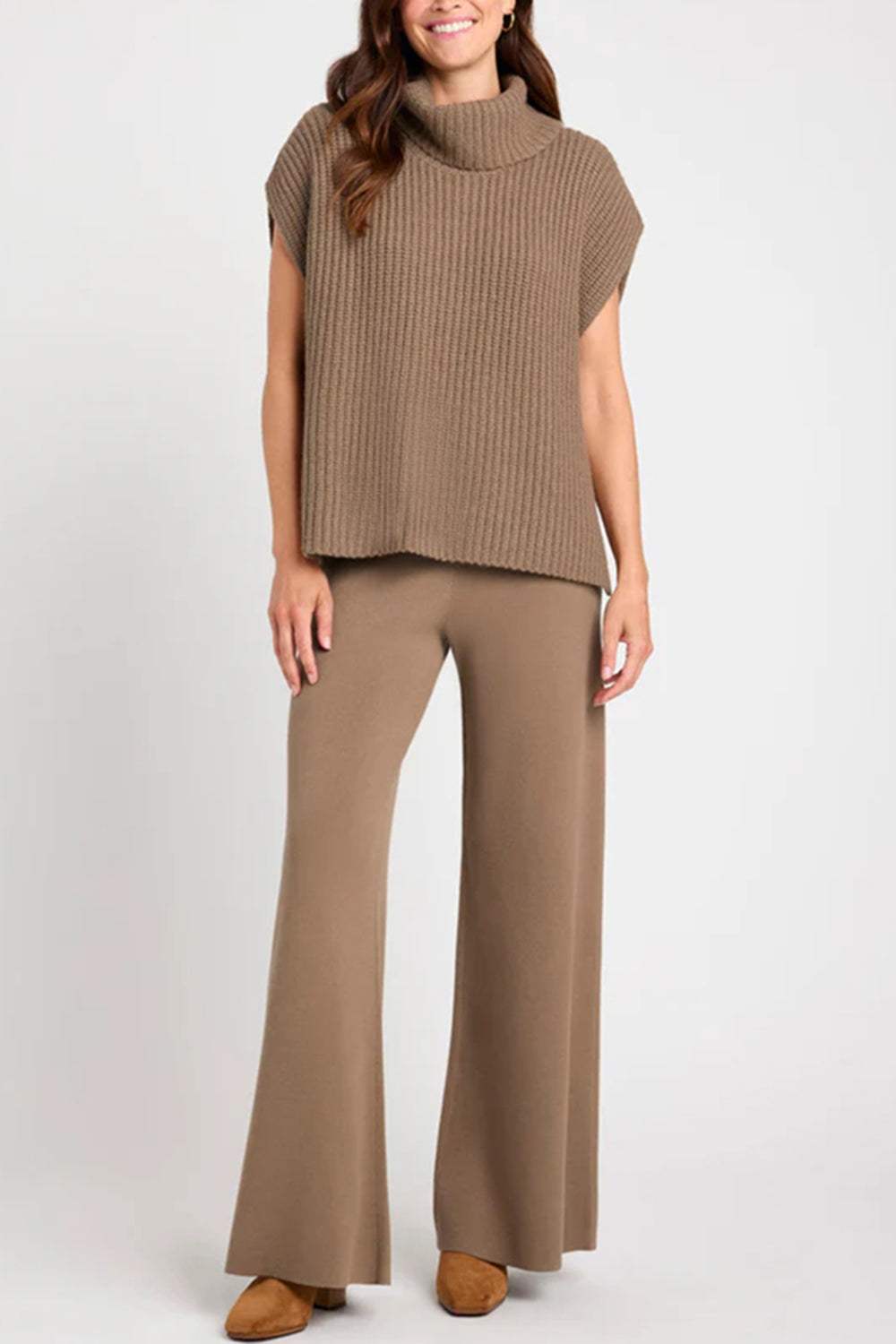 Slit Turtleneck Cap Sleeve Sweater - Trendsi - Flyclothing LLC