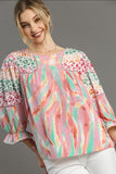 Umgee Full Size Mixed Print Lace Trim Top Plus Size - Trendsi