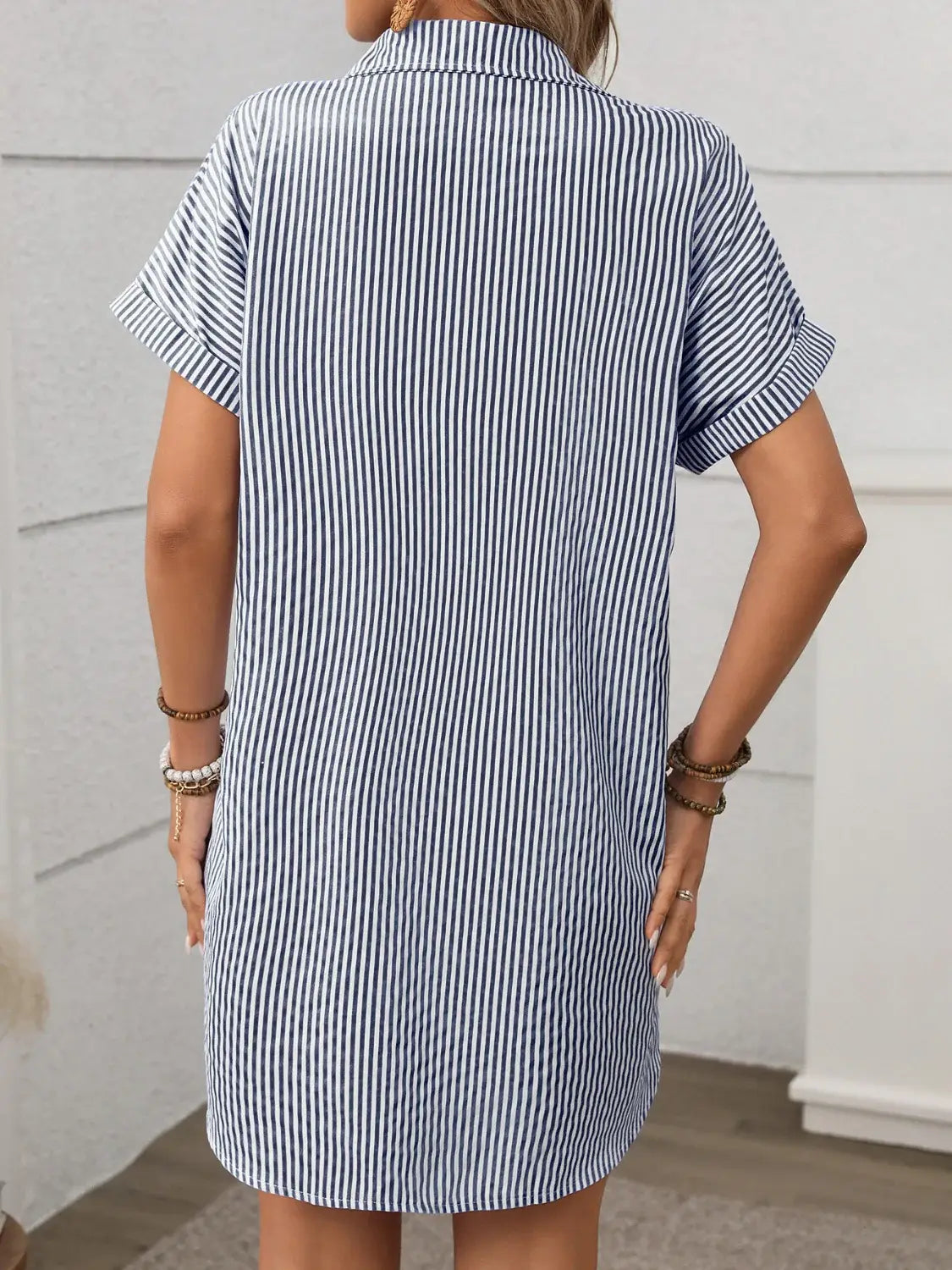 Striped Button Down Short Sleeve Mini Dress - Trendsi - Flyclothing LLC