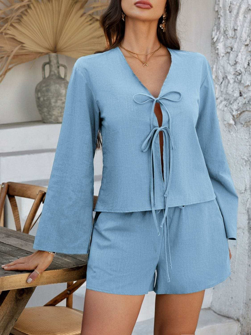 Devine Double Tied V-Neck Top and Shorts Set - Trendsi - Flyclothing LLC