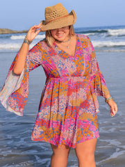Plus Size Ruched Printed Long Sleeve Dress - Trendsi