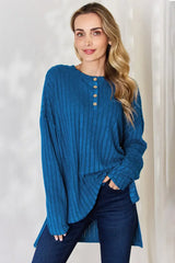 Basic Bae Full Size Ribbed Half Button Long Sleeve High-Low T-Shirt - ShopBasicbae - Flyclothing LLC