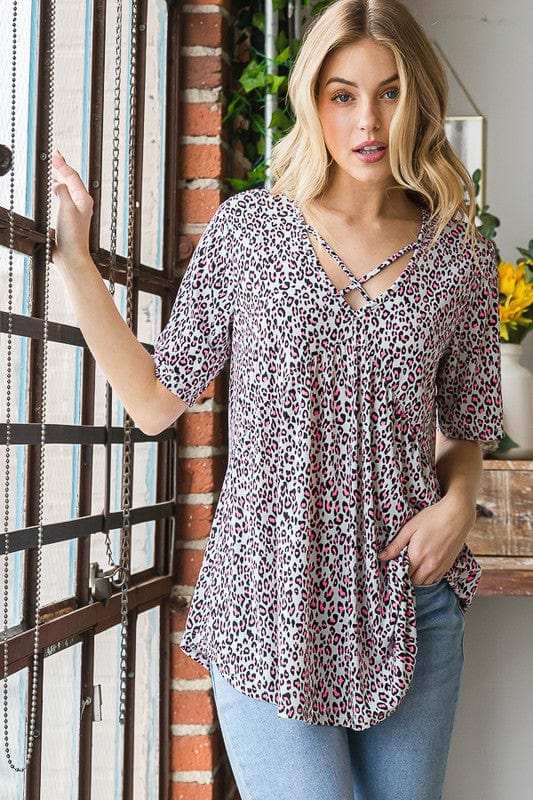 Heimish Full Size Short Sleeve Crisscross Animal Babydoll Top Plus Size - Trendsi - Flyclothing LLC
