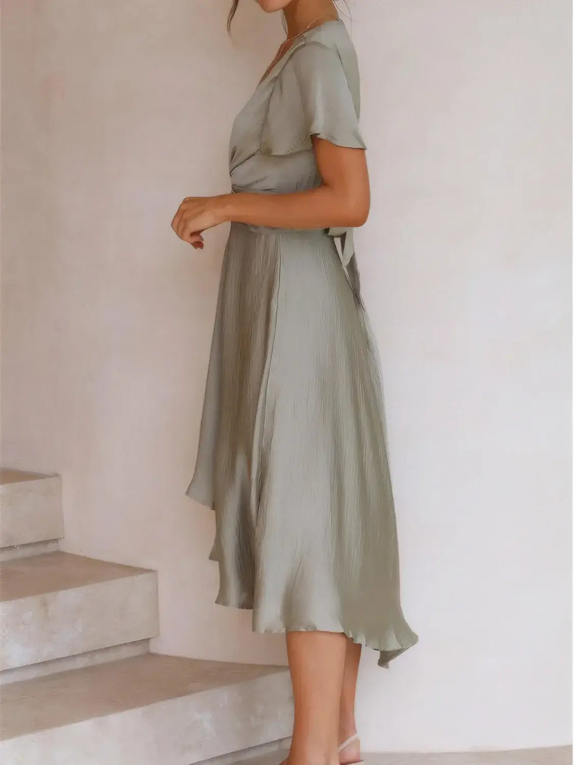 High-Low Plunge Flutter Sleeve Dress - Trendsi - Flyclothing LLC