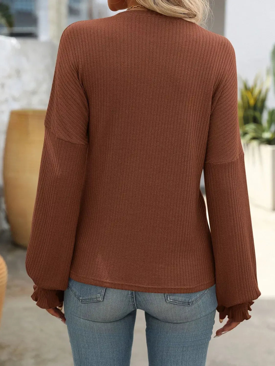 Ribbed Knit Ruffle Cuff T-Shirt - Trendsi - Flyclothing LLC