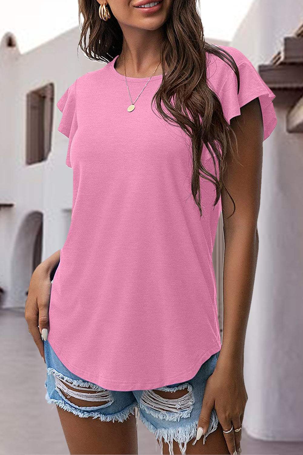 Ruffled Round Neck Cap Sleeve Blouse - Trendsi - Flyclothing LLC