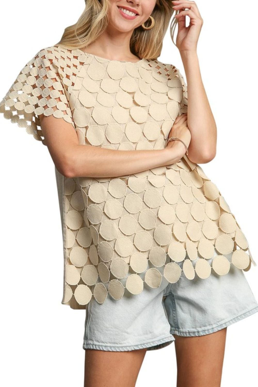 Umgee Full Size Mixed Polka Dot Lace Raglan Sleeve Boxy Cut Top Plus Size - Trendsi
