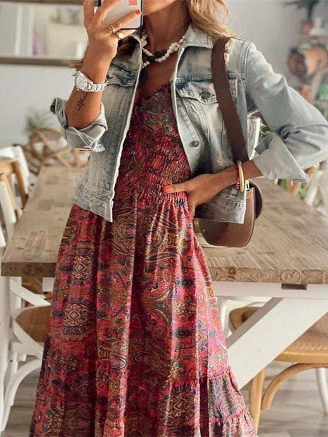 Full Size Smocked Printed V-Neck Short Sleeve Dress - Trendsi - Flyclothing LLC