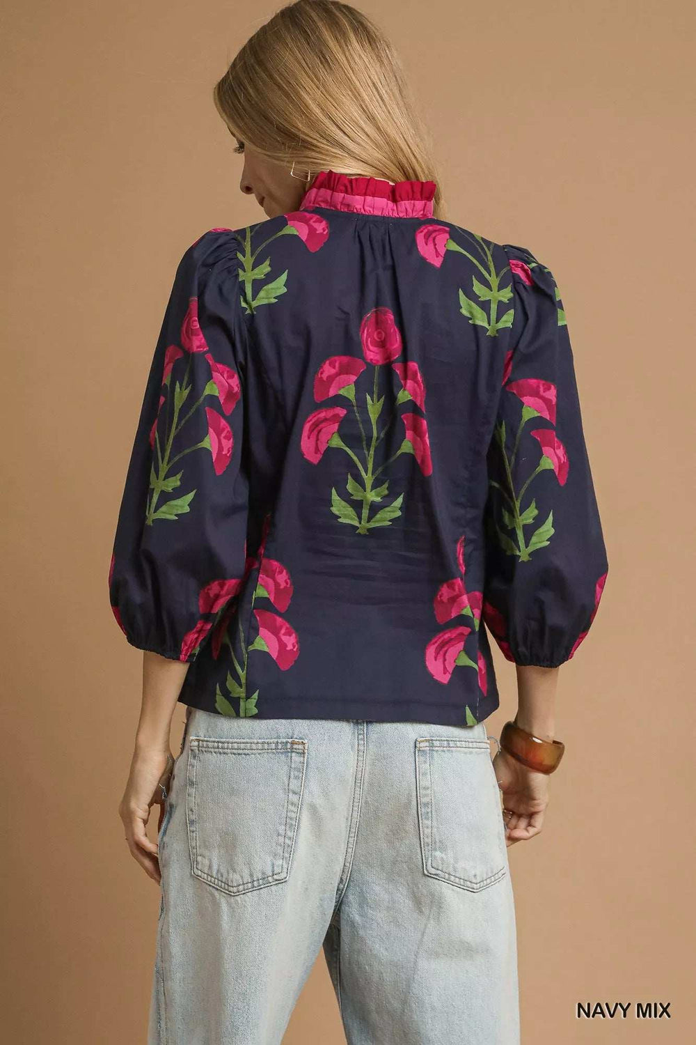 Umgee Floral Print Ruffle Trim Puff Sleeve Blouse - Trendsi - Flyclothing LLC