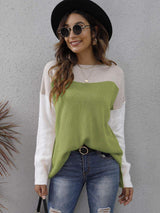 Color Block Round Neck Dropped Shoulder Sweater - Trendsi - Flyclothing LLC
