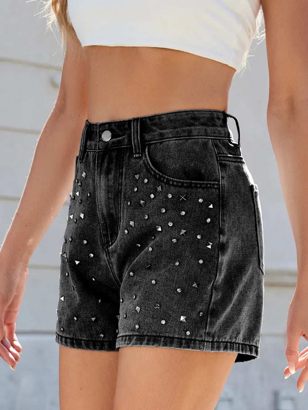 Rhinestone Washed High Waist Denim Shorts - Trendsi - Flyclothing LLC