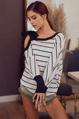 BiBi Stripe Yarn Dye Waffle One Shoulder Ribbon Detail Top - Trendsi - Flyclothing LLC